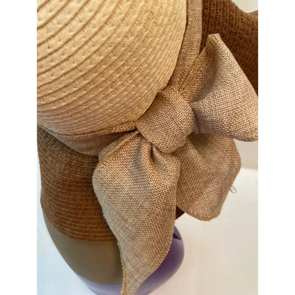 Ugurlu Women Two Tone Wide Brim Sun Hat Brown Cream‎ Woven Straw Bow coastal